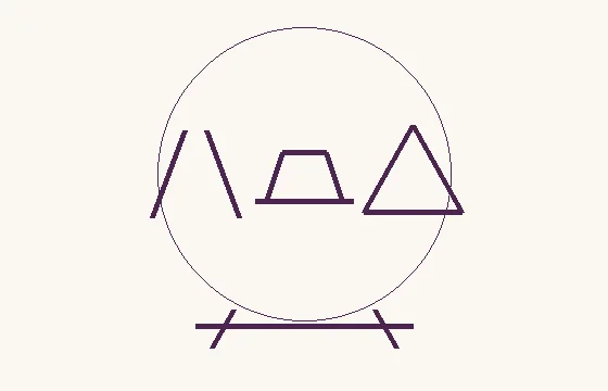 Path Scene · a sphere on a base with three motifs: two separate slanting strokes converging upwards; an unfilled trapezoid resting on a horizontal line; a single triangular outline
