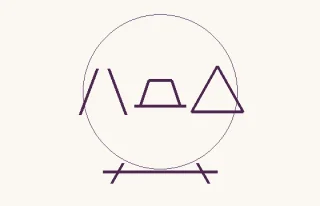 Escena del sendero · una esfera sobre una base con tres motivos: dos trazos oblicuos separados que se aproximan hacia arriba; un trapecio sin relleno apoyado sobre una línea horizontal; un único contorno triangular