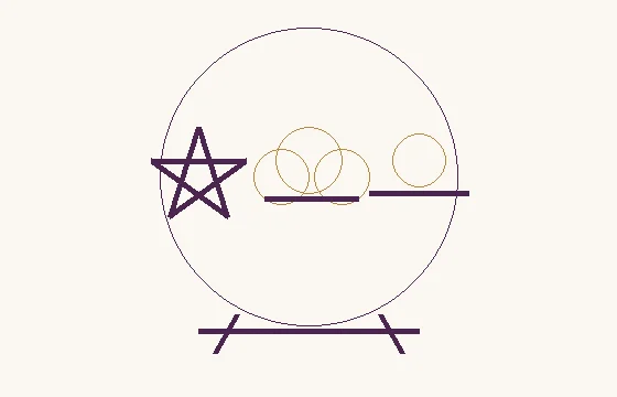 Sky Scene · a sphere on a base with three motifs: a five-pointed star with crossing lines; three overlapping circles above a horizontal stroke; a horizontal line and a circle as a sky reference