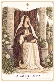 La Sacerdotisa · una figura sentada entre columnas, un libro y una luna