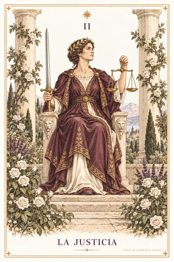 Justice · a figure holding scales and a sword between columns