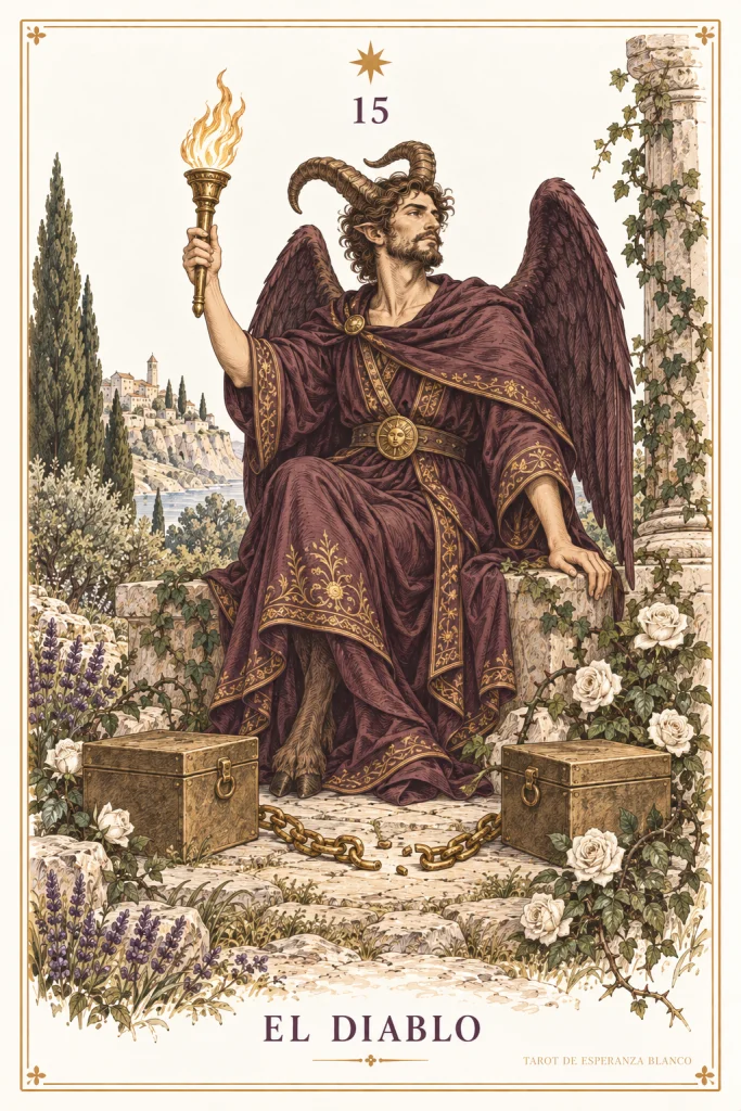 The Devil · a horned, winged figure with a torch and two smaller figures