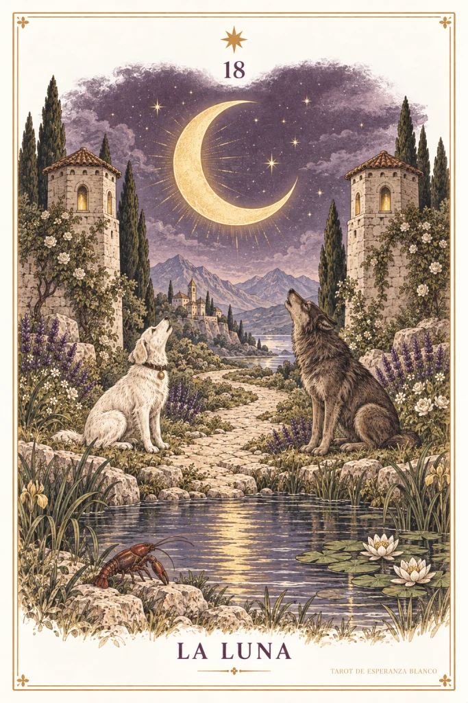 La Luna · una luna creciente, dos animales, dos torres y un cauce