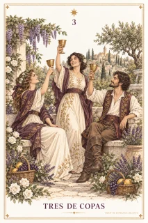 Tres de Copas · tres personas que alzan copas en un jardín