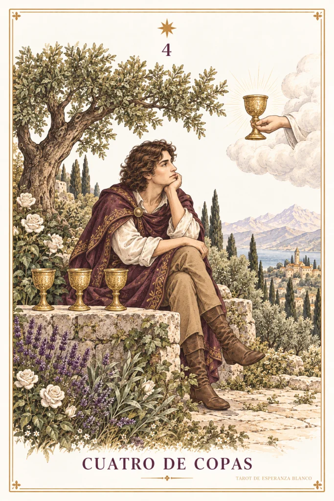 Quatre de Coupes · une personne assise, trois coupes et une autre offerte par une main