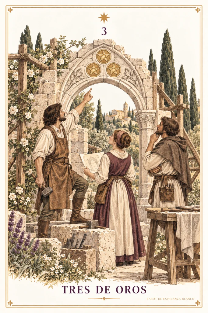 Three of Pentacles · three people working beside an ornamented building