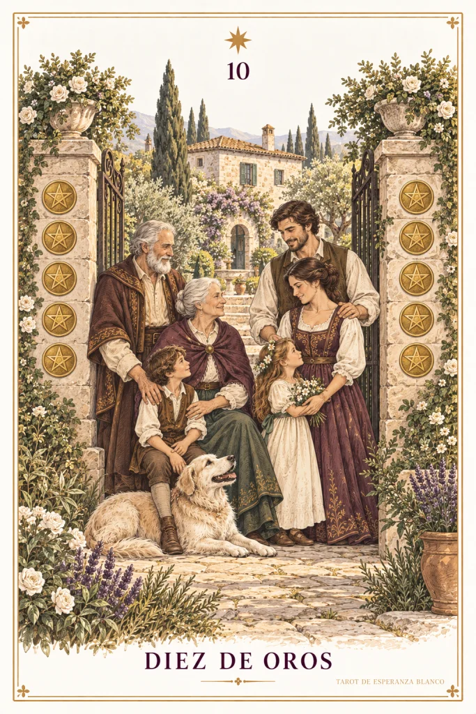 Ten of Pentacles · several generations beside an arch, a dog and ten discs