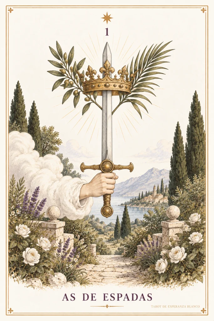 Ace of Swords · a hand holding an upright sword with a crown