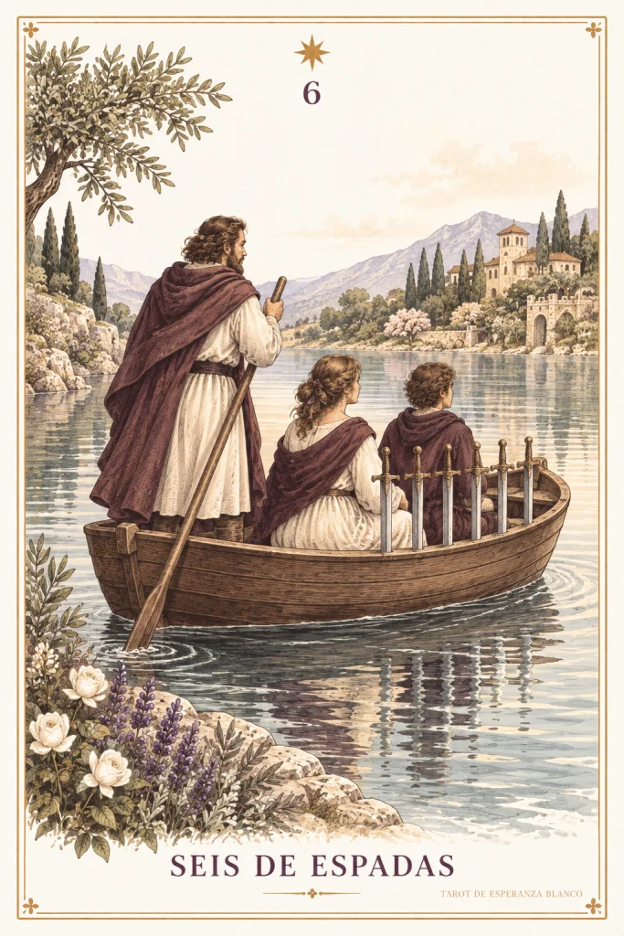 Six of Swords · a boat with three figures and swords near the bow