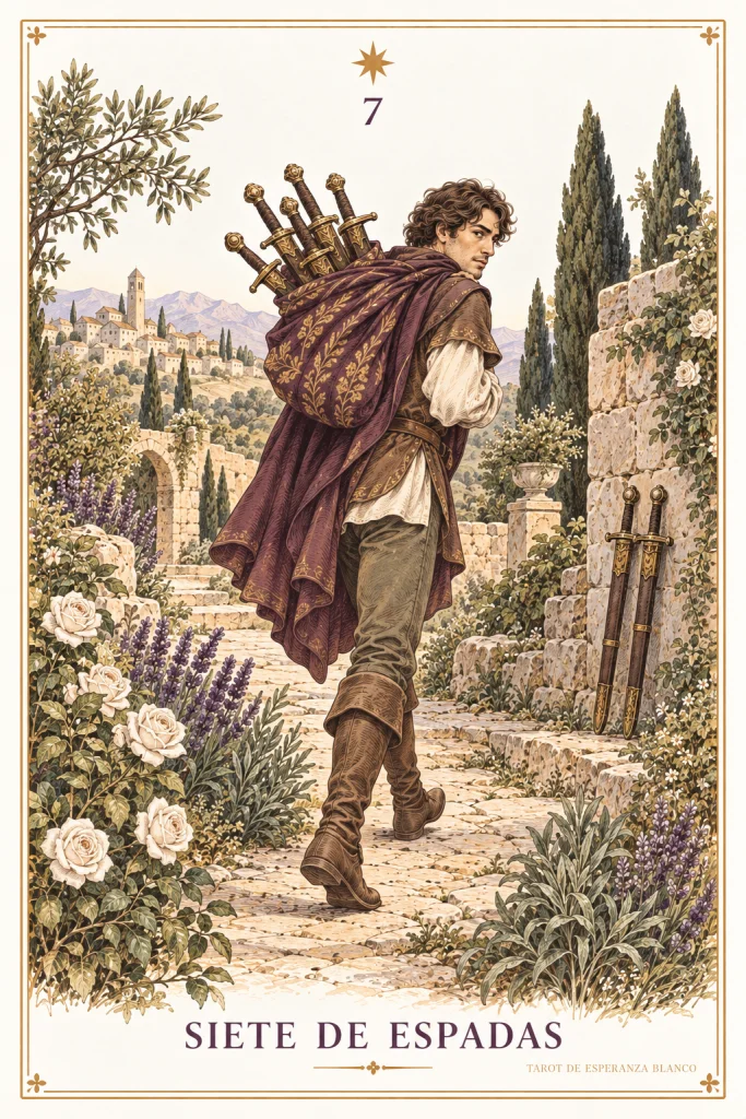 Seven of Swords · a figure carrying several swords with others left behind