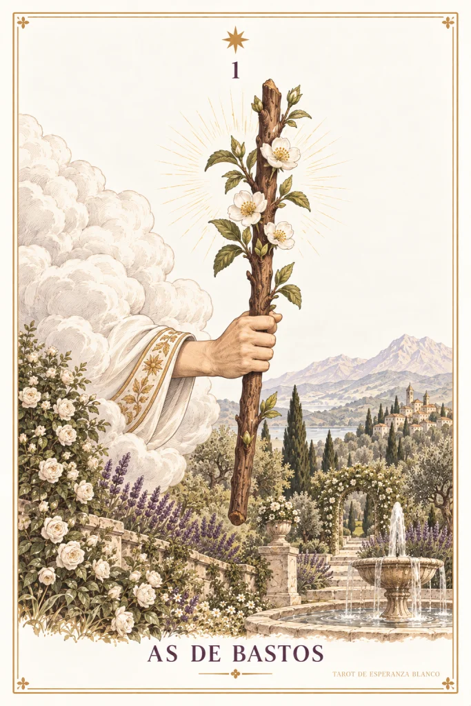 Asso di Bastoni · una mano con un bastone con foglie e fiori
