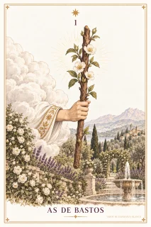 As de Bastos · una mano que sostiene una vara con hojas y flores