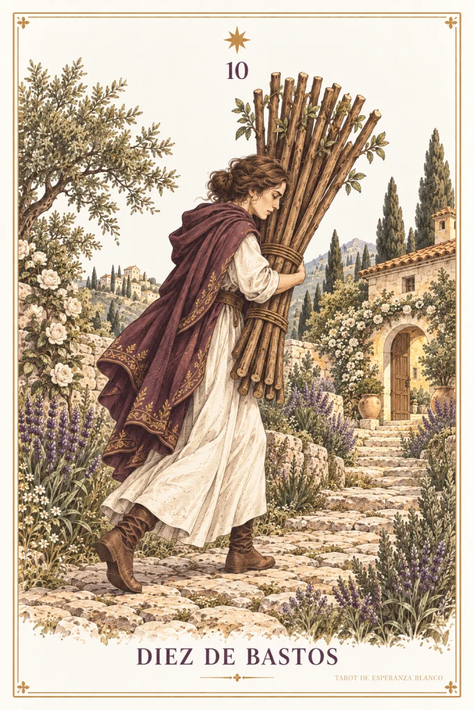 Ten of Wands · a bent figure carrying a bundle of wands