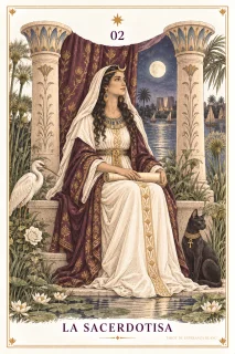 La Sacerdotisa · una figura sentada entre columnas, un libro y una luna