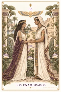 Los Enamorados · dos figuras frente a frente entre palmeras y arquitectura de piedra