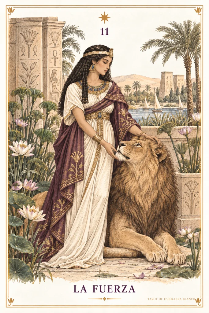 La Fuerza · una figura junto a un león, con las manos cerca de su cabeza