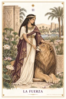 La Fuerza · una figura junto a un león, con las manos cerca de su cabeza
