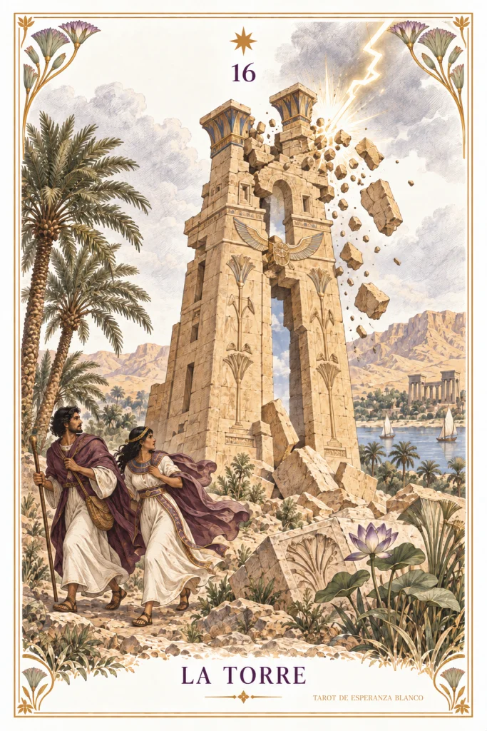 La Torre · una torre alcanzada por un relámpago y piedras que caen