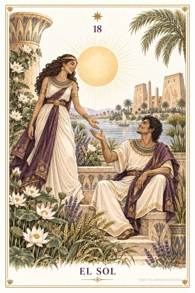 El Sol · dos figuras junto al agua bajo un gran disco solar