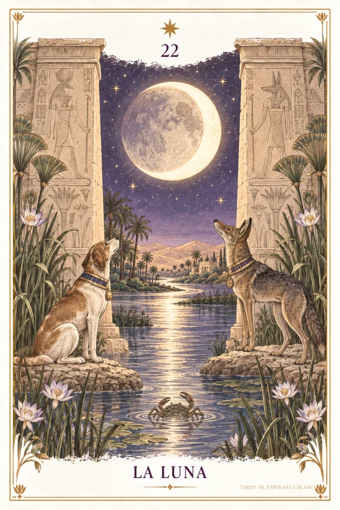 La Luna · una luna luminosa entre columnas, dos animales y un cauce de agua