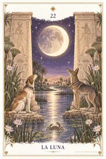 La Luna · una luna luminosa entre columnas, dos animales y un cauce de agua