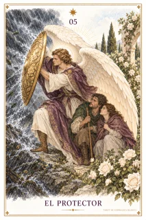 El Protector · una figura alada con un escudo que cobija a dos figuras bajo la lluvia