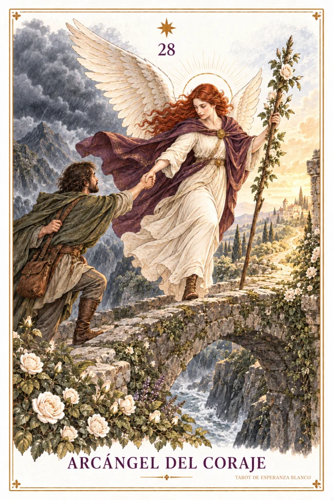 Arcángel del Coraje · una figura alada que ayuda a otra a subir por un terreno rocoso