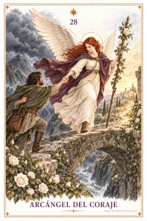 Arcángel del Coraje · una figura alada que ayuda a otra a subir por un terreno rocoso