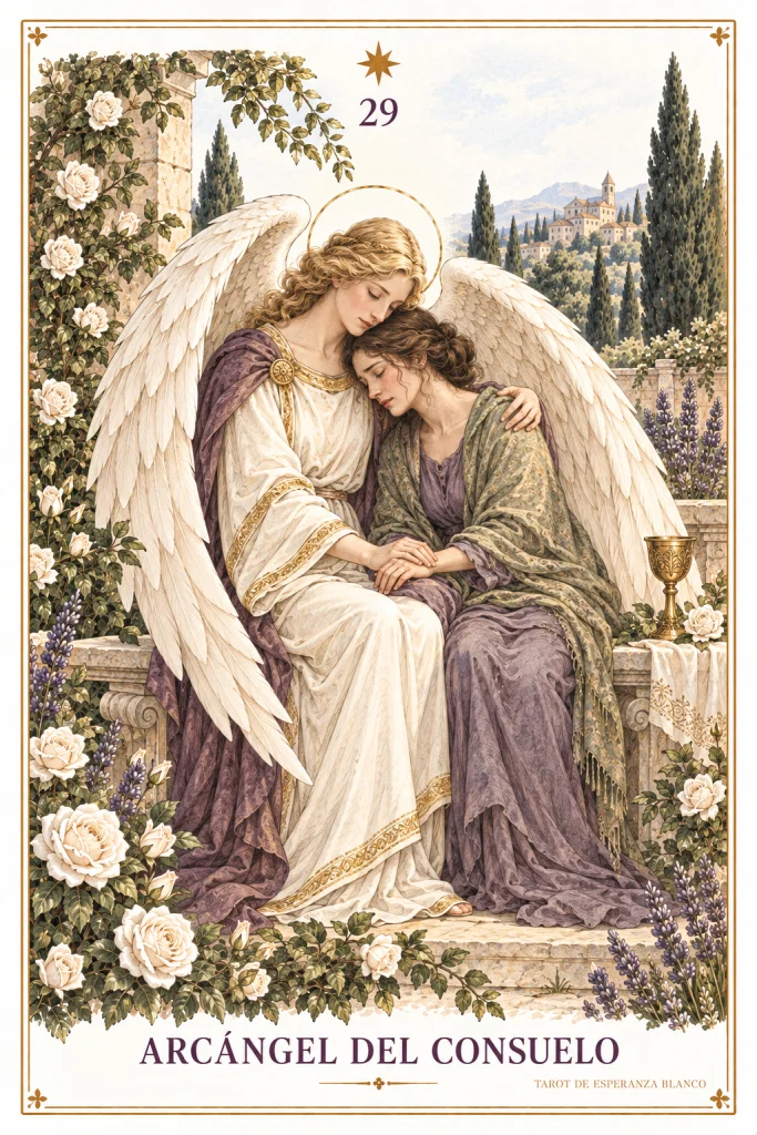 Arcángel del Consuelo · una figura alada que abraza a otra junto a un muro
