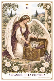 Arcángel de la Custodia · una figura alada junto a un cofre abierto con objetos dorados