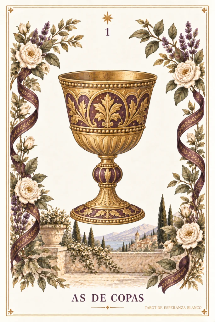 Ass der Kelche · ein goldener Kelch und Pflanzenmotive an den Rändern