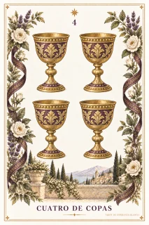 Cuatro de Copas · 4 copas doradas y motivos vegetales en los bordes