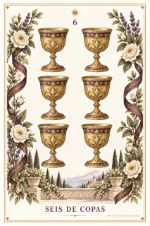 Seis de Copas · 6 copas doradas y motivos vegetales en los bordes