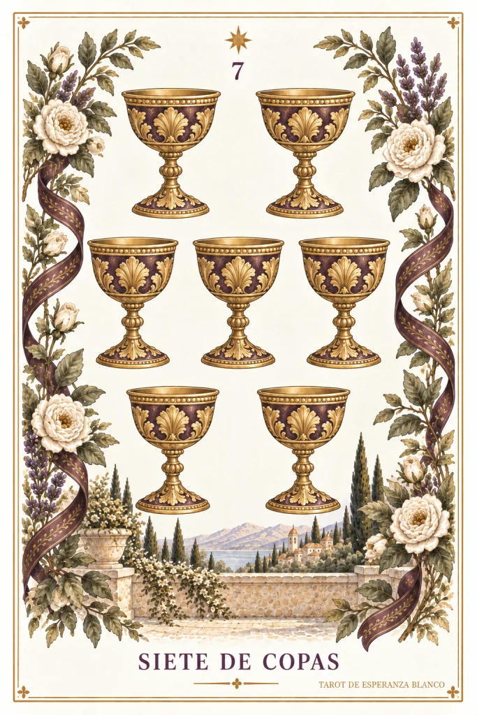 Siete de Copas · 7 copas doradas y motivos vegetales en los bordes