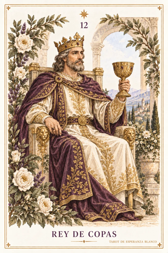 Rey de Copas · una figura coronada en un trono con el emblema de su palo
